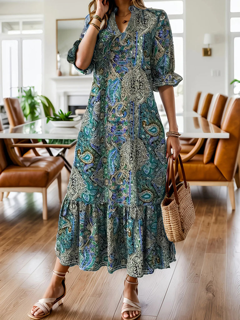 Full Size Bohemian Paisley Print Ruffle Hem Midi Dress Plus Size  Sweet  Southern Belles Boutique