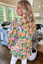 Green Floral Puff Sleeve V Neck Peplum Blouse